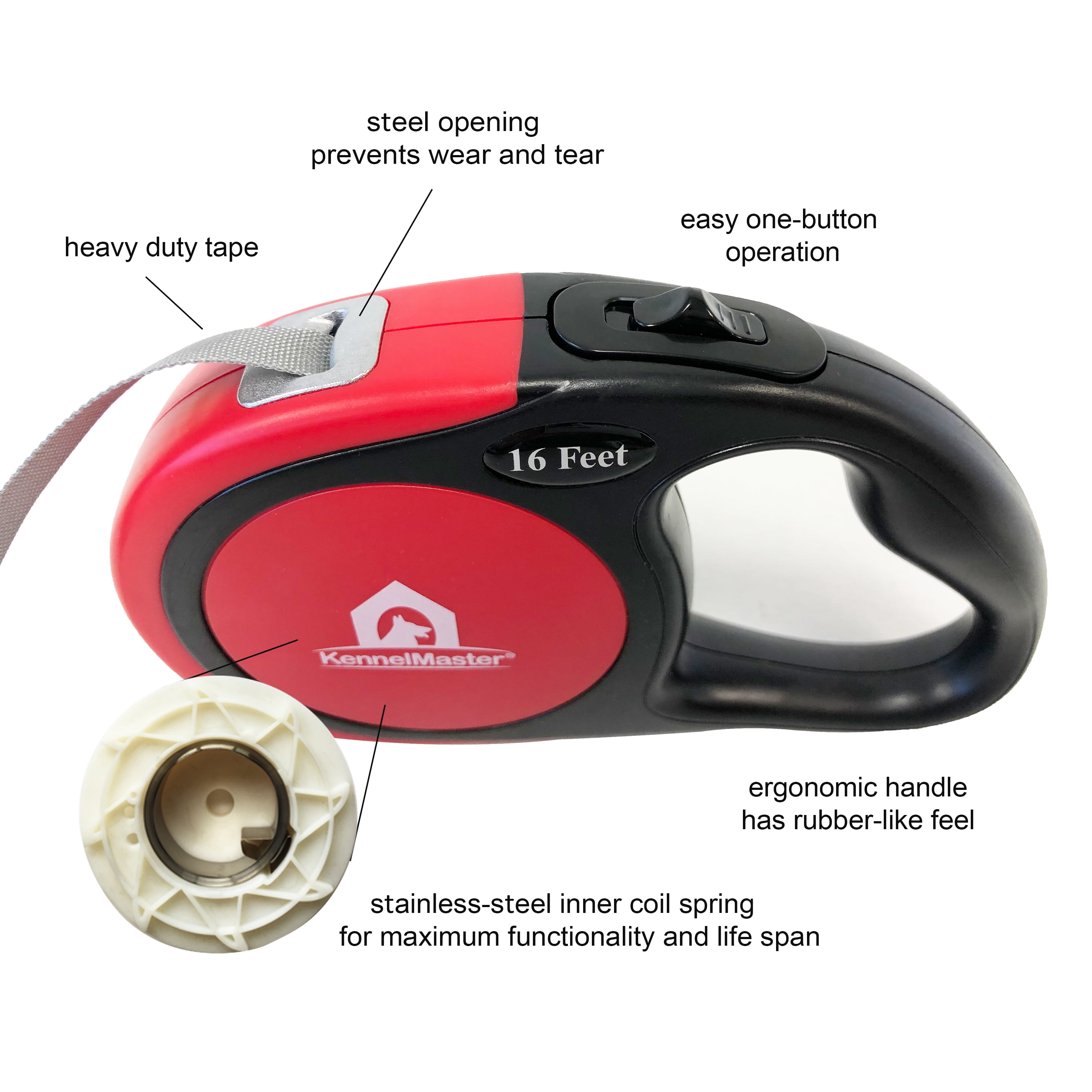 KennelMaster Retractable Dog Leash, Grey, Small, 16 feet