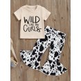 thumbnail image 2 of Suealasg Little Girls Summer Outfits 1T 2T 3T 4T 5T Kids Girls Short Sleeve Letter Print Tops Cow Print Flared Pants Sets Toddler Girls Pants Sets, 2 of 7