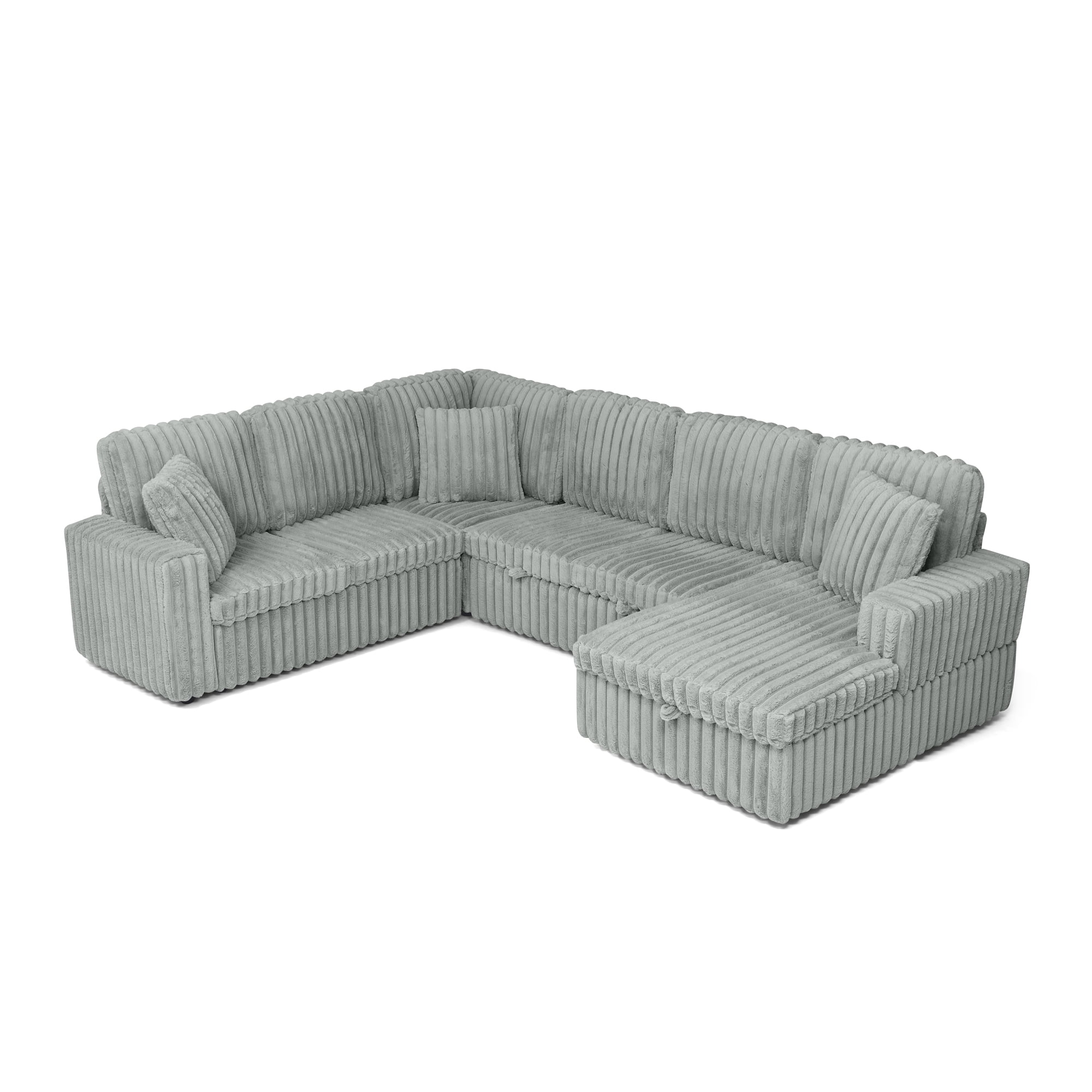 Corduroy U-shaped Sectional Sofa, Modern Minimalist Modular Couch with Pull-Out Sleeper Bed and Storage Chaise, Soft Fabric Convertible Sofa for Living Room, Apartment