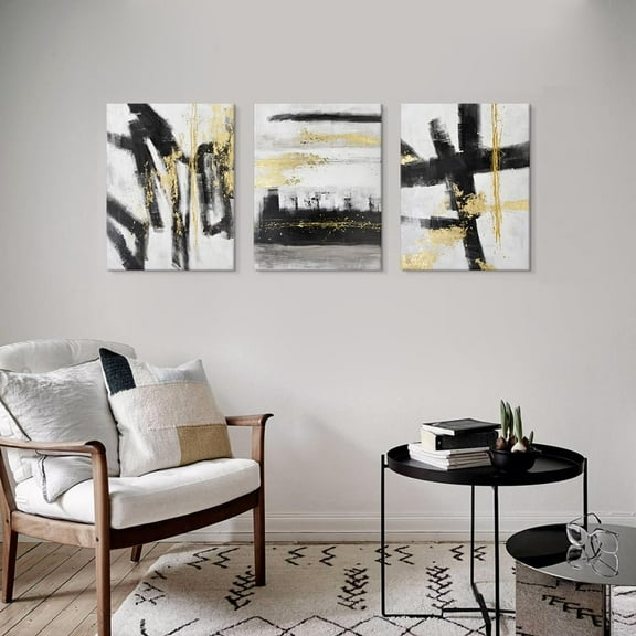 Hieng Black and White Abstract Canvas Wall Art 3 Piece Gold Painting Modern wall Decor Canvas Print Artwork for Living Room Office Bedroom Unframed
