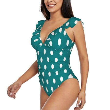 KLL White Polka Dots With Teal Background for Women s Ruffled One Piece Swimsuit Tummy Control Bathing Suit V Neck Swimwear