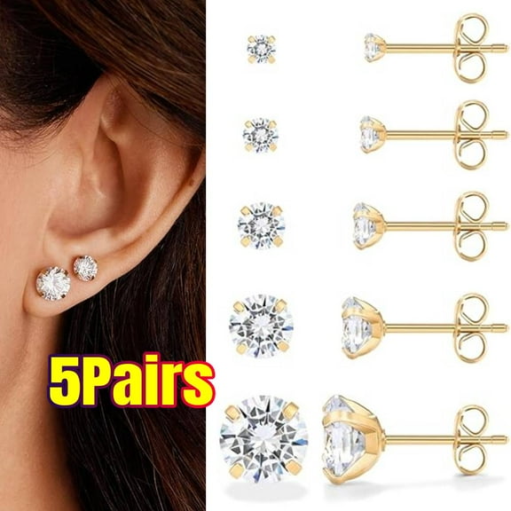 5Pairs Stud Earrings for Women - 14K Gold Plated Stainless Steel Pack of 5 Cubic Zirconia Earrings for Men and Women - Hypoallergenic Premium CZ Studs Set