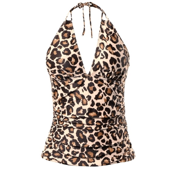 Tankini Tops for Women Top V Neck Halter Twist Front Swim Top Only Ruched Tummy Control Bathing Suit No Bottom Khaki L