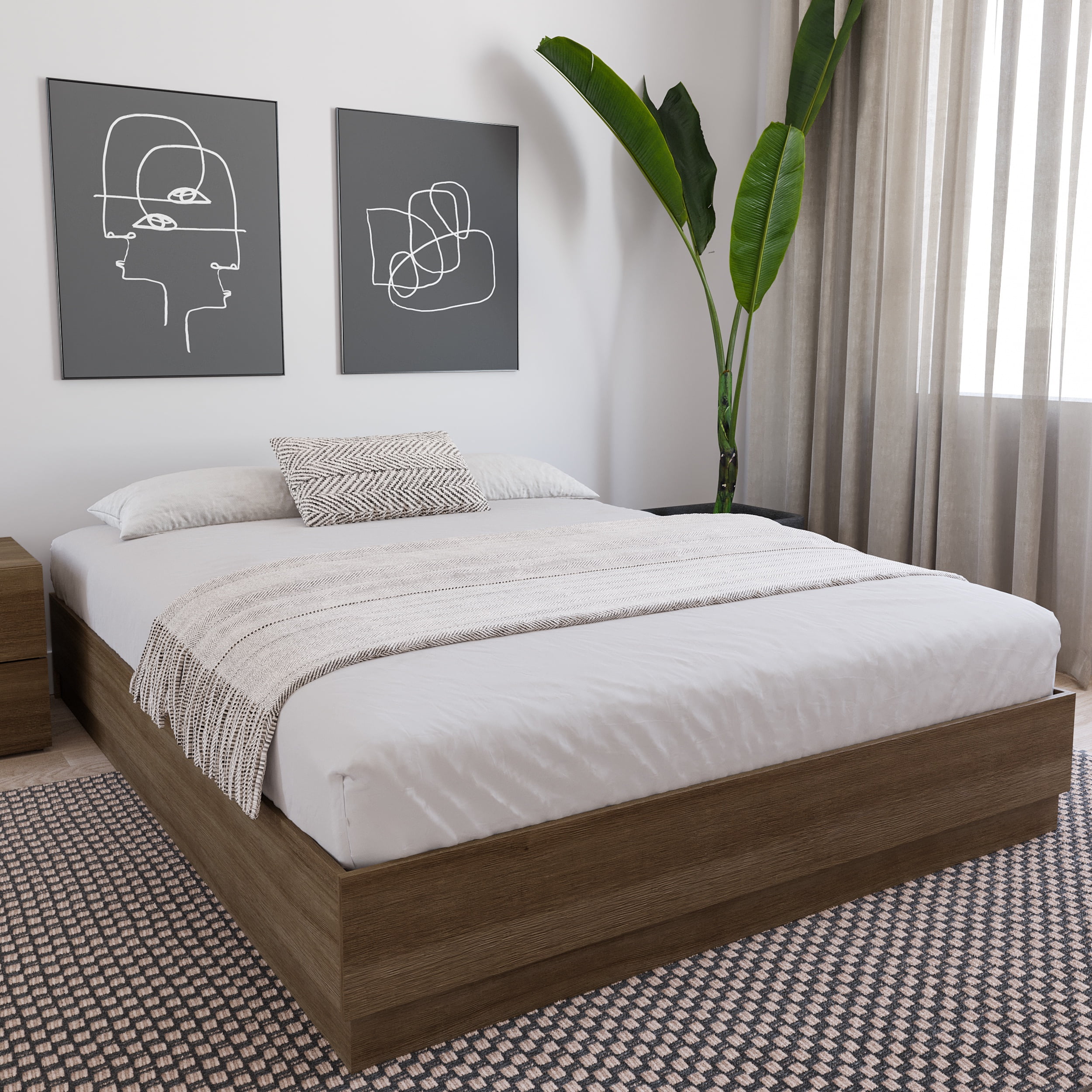 Nexera Milano Queen Size Platform Bed Frame, Brown Oak
