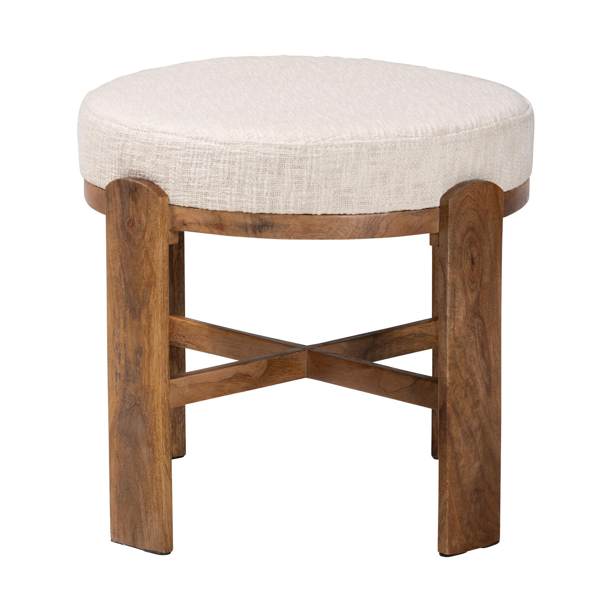 Baxton Studio Whitfield Round Fabric Ottoman Stool - Modern Accent Seating or Footstool with Upholstered Cushion and Mango Wood Frame for Living Room, Bedroom, or Lounge Seating