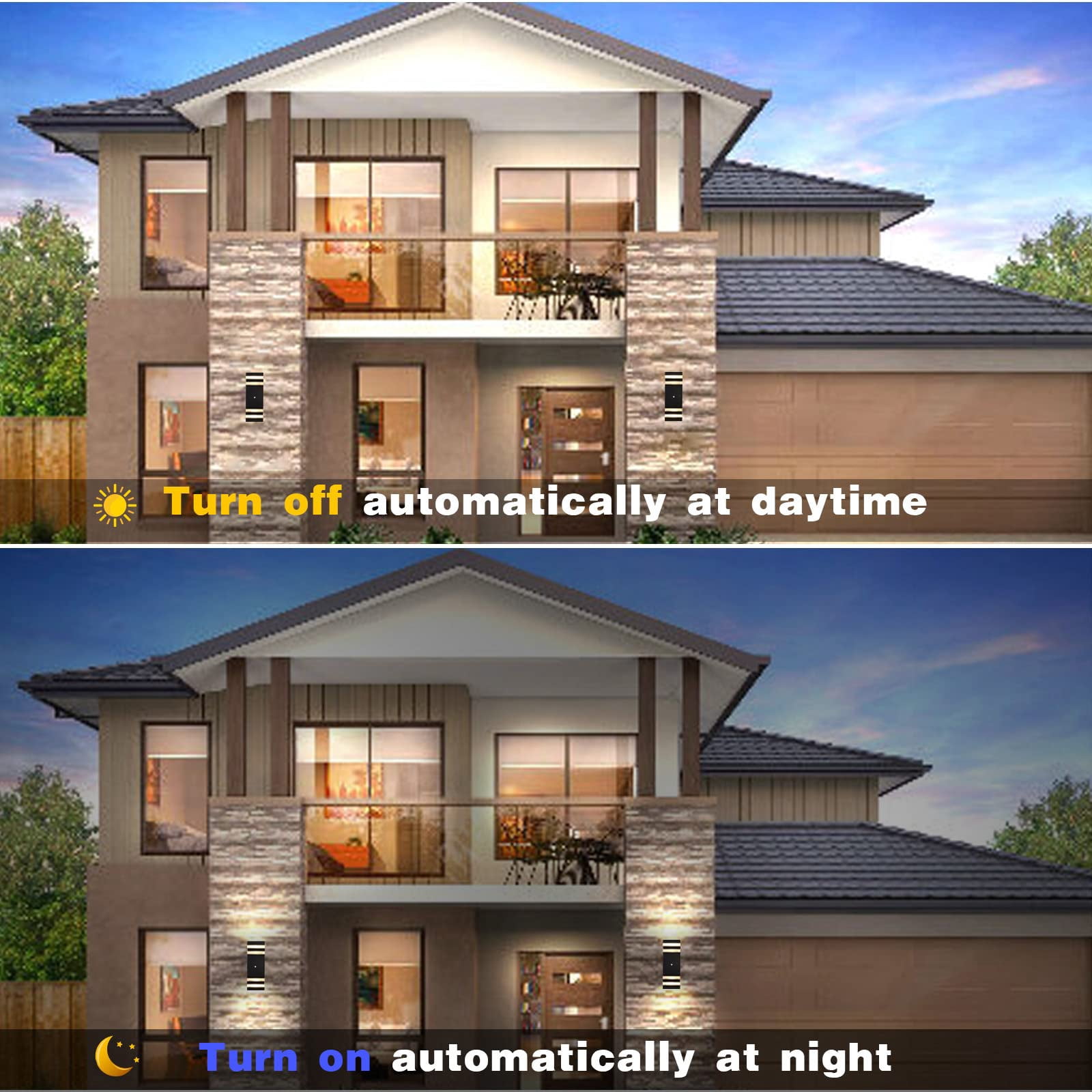 Outdoor Wall Lights 2-Pack, Waterproof Exterior Lighting for Porch/Garage/Patio, 3000K Warm White, Up-Down Design, Dusk to Dawn Sensor