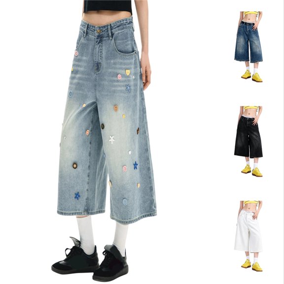Arlun Plus Size Retro Washed Wide Leg Jeans Pants Women Summer Baggy Mid Waist Distressed Denim Capri Pants 2026 Fashion Streetwear Casual Cropped Trousers with Pockets 4-White XS