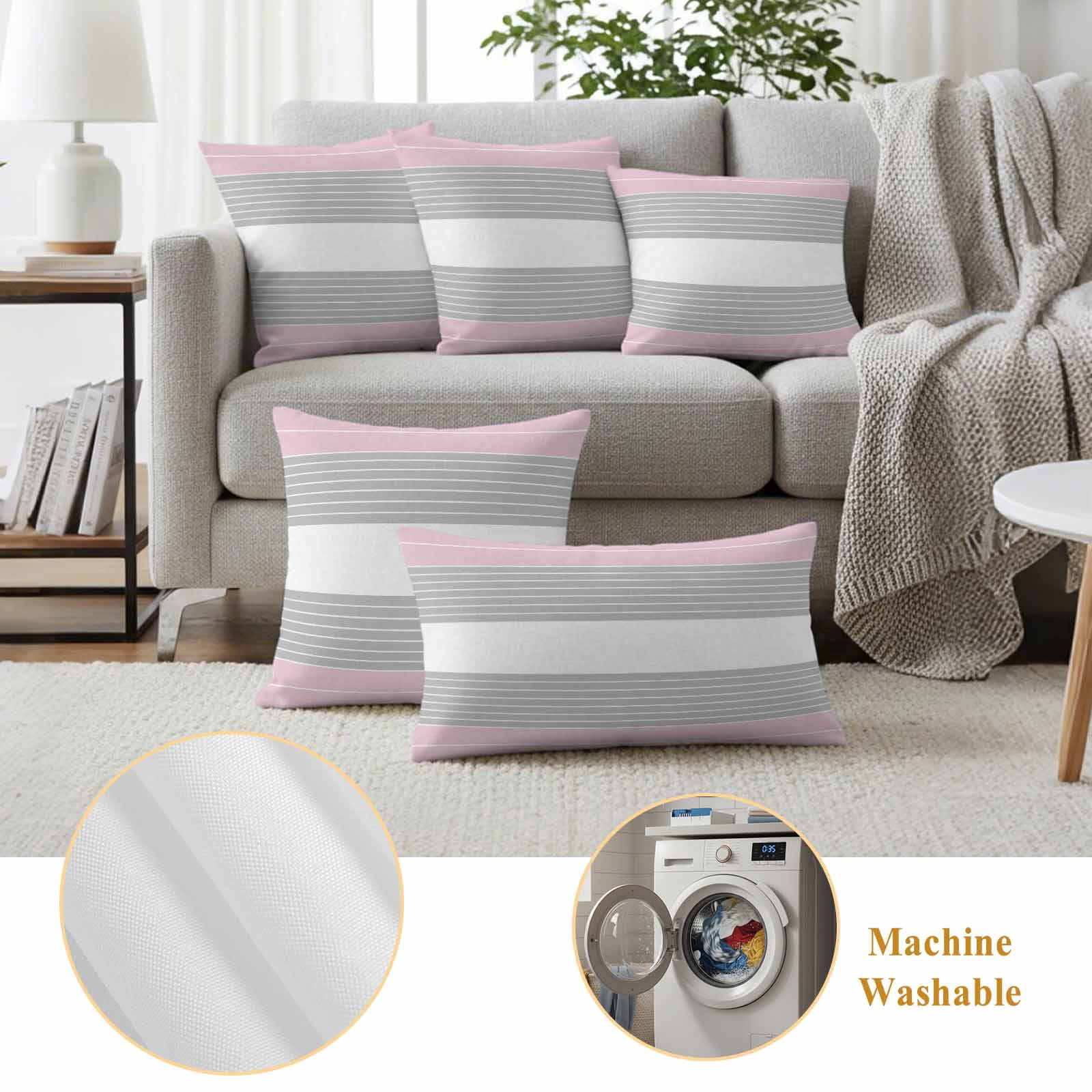 Pink Striped Outdoor Waterproof Pillow Covers, Multicolor Grey White Horizontal Stripes Decorative Square Throw Pillowcase Sofa Cushion Sham for Patio/Couch/Chair, 20"x20" 2 Pack