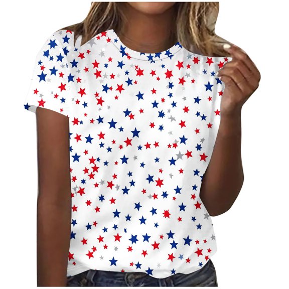 WAGUTH Short Sleeve Tops for Women 4th of July Patriotic Print T-Shirt Crew Neck Independence Day Casual Summer Tees