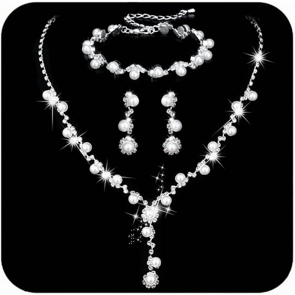 Silver Pearl Bridal Wedding Jewelry Set Rhinestone Necklace Earrings Bracelet Sets Formal Costume Jewelry for Women and Brides