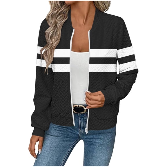 Quilted Bomber Jacket for Womens Fashion Color Block Full Zip Fall Cropped Coats Striped Casual Jackets with Pockets