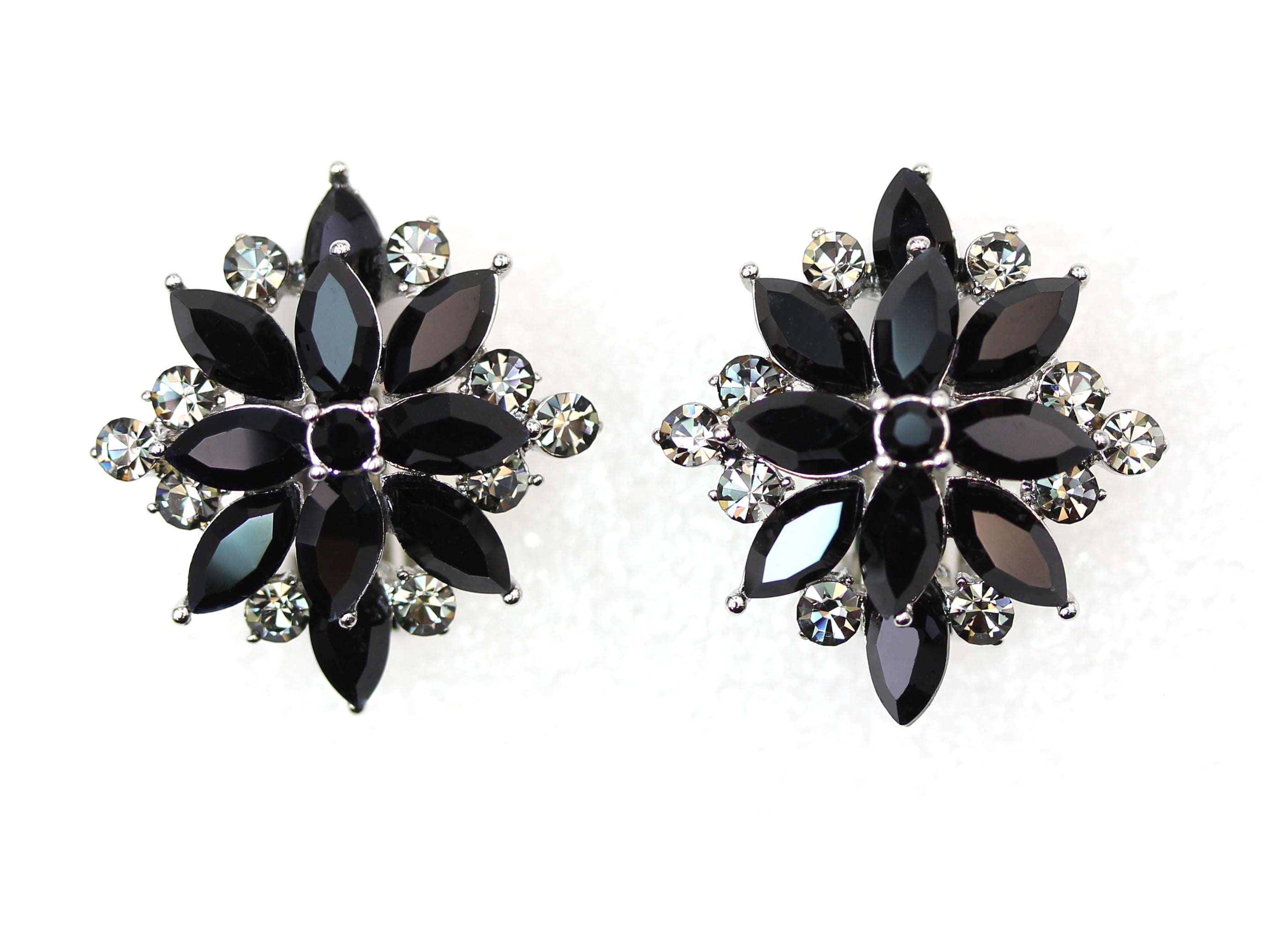 Faship Stunning Black Crystal Floral Clip On Style Earrings