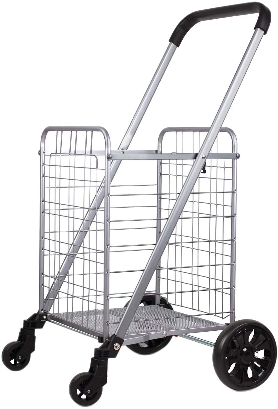 Grocery Shopping Cart with Swivel Wheels, Folding Shopping Cart with Wide Cushion Handle, Mesh