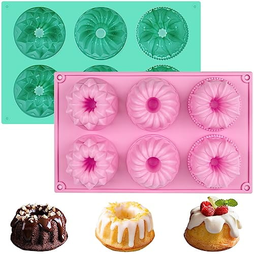 2 Pcs Mini Fluted Cake Pan,6-Cavity Fluted Tube Cake Pan,Non-stick Silicone Baking Mold for Cupcakes,Donuts,Cornbread,Brownies,Jellies