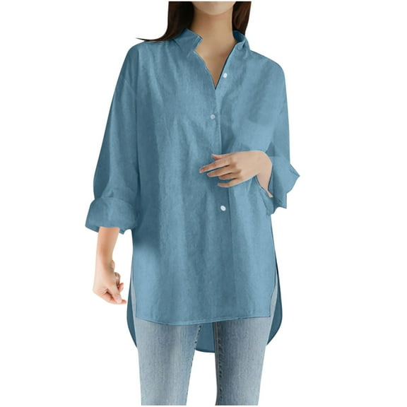 IROINNID Shirts for Women Long Sleeve Deals Casual Button Down Loose Fitting Solid Blouse,Blue
