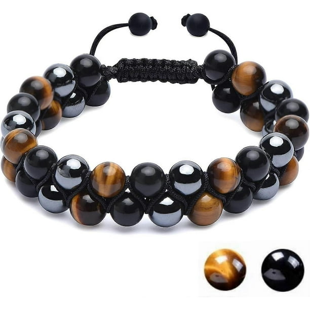 Triple Guardian Bracelet - Authentic Tiger Eye, Obsidian & Hematite 8mm Beads, Unisex Crystal Jewelry, Ideal Gift for Men & Women - Brings Fortune & P