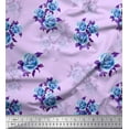 thumbnail image 1 of Soimoi Purple Cotton Jersey Fabric Leaves & Alba Rose Floral Printed Fabric 1 Yard 58 Inch Wide, 1 of 3