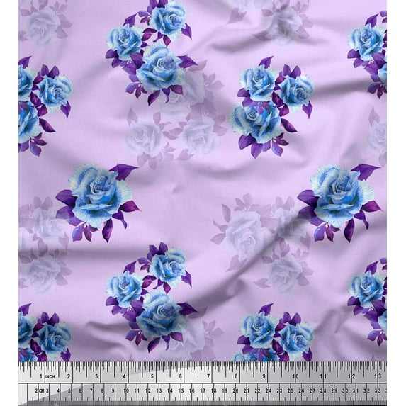 Soimoi Purple Cotton Jersey Fabric Leaves & Alba Rose Floral Printed Fabric 1 Yard 58 Inch Wide