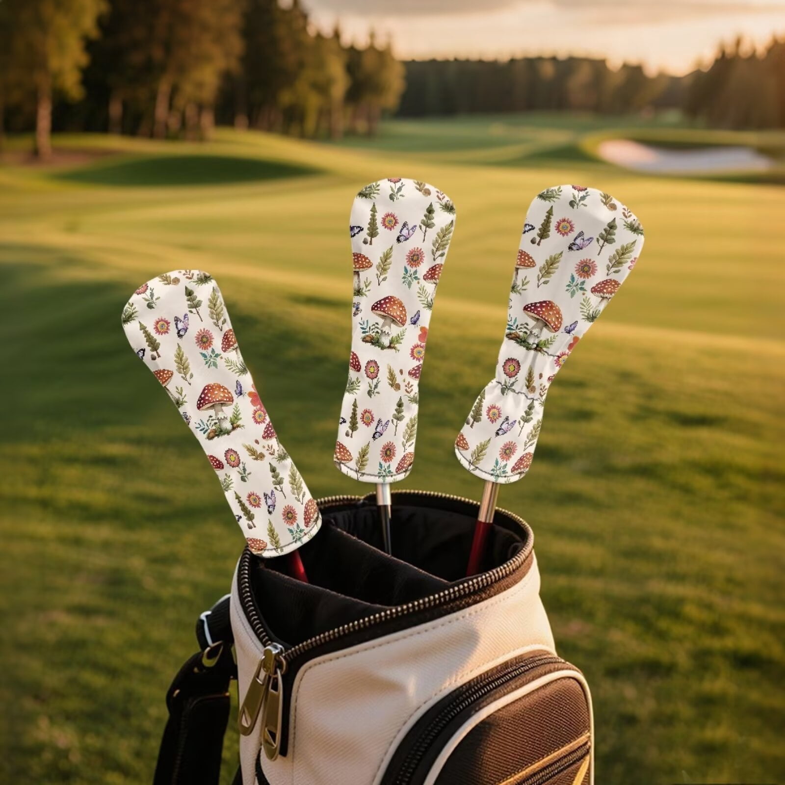 Uorisanigo Golf Club Head Covers for Driver, Fairway Wood and Hybrid Soft PU Leather 3 Pack Aesthetic Mushroom Golf Club Head Covers for Men Women, Essential Golfs Accessories