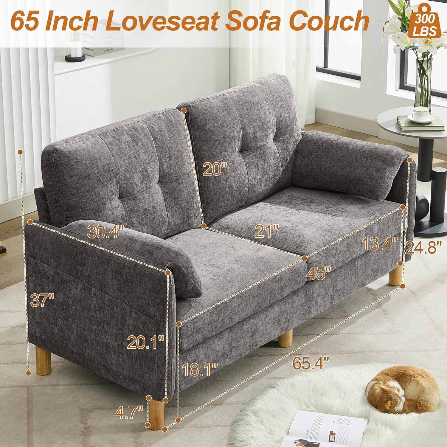 65" Chenille Loveseat Sofa, Modern 2-Seater Love Seat Couch with Armrest Pillows,Upholstered Tufted Loveseat Couches for Living Room Bedroom, Light Grey