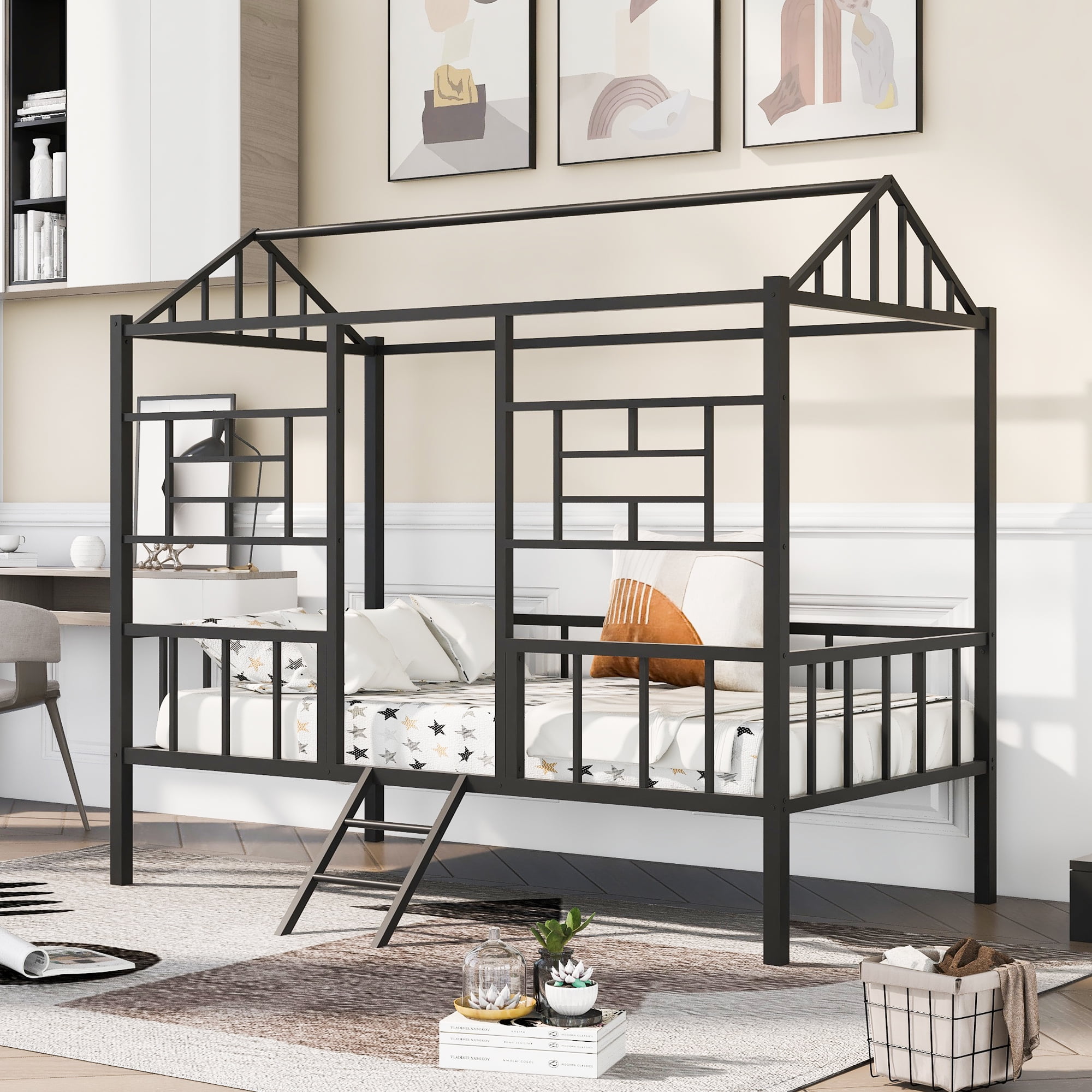 House Bed Twin Bed for Kids, Metal Loft Bed Frame with Roof, Metal