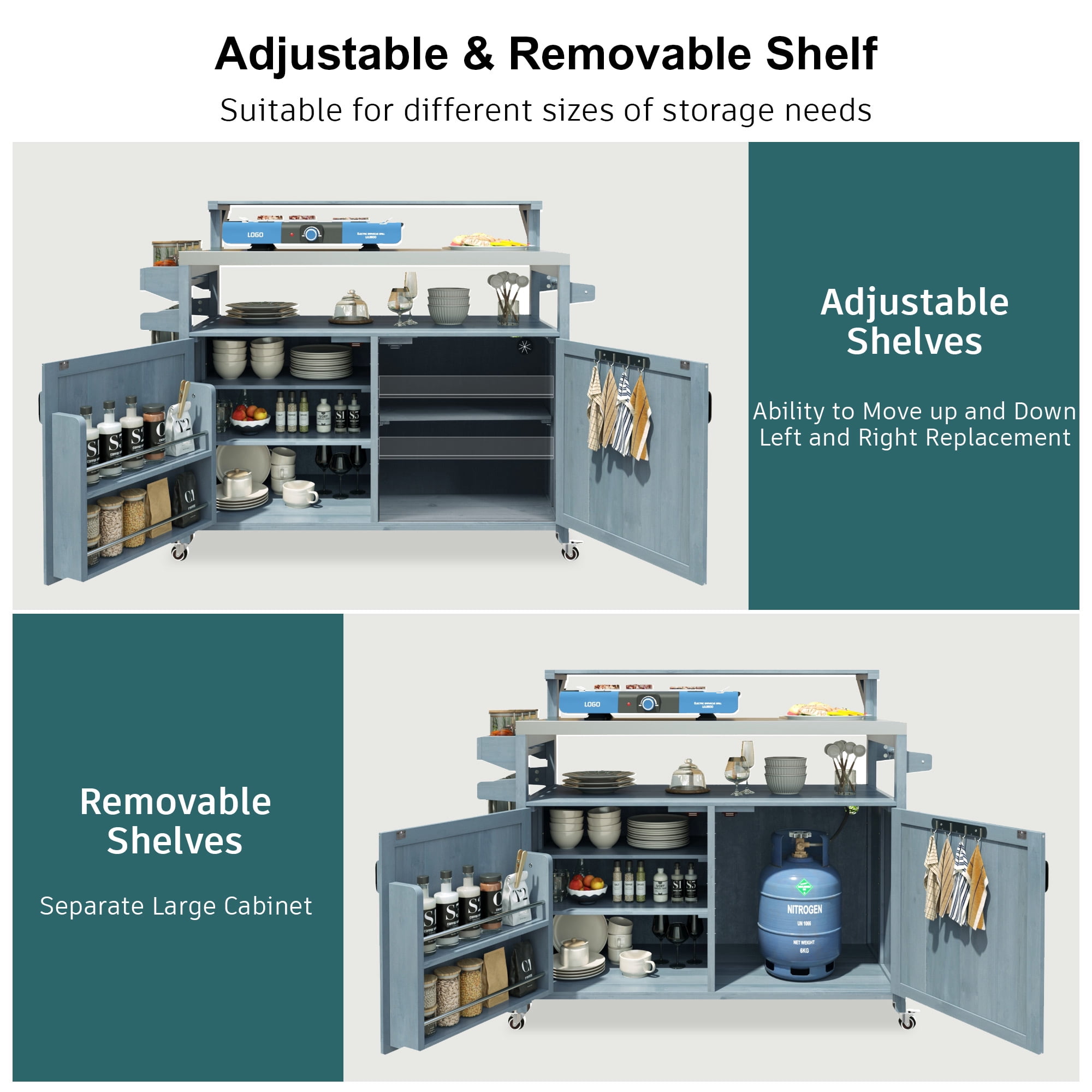 BIGWOO Outdoor Kitchen Island with Solid Wood Storage Cabinet with Stainless Steel Top, 53.3” Grayish Blue