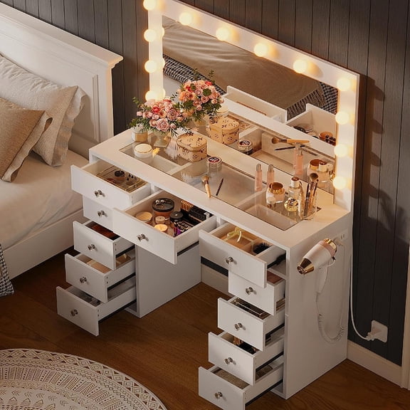 Makeup Vanity Desk with LED Mirror, 11 Drawers, Charging Station, Adjustable Brightness, Farmhouse Style Dressing Table for Bedroom,White