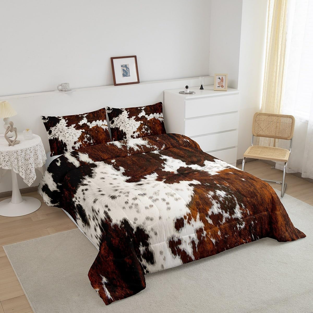 Milk Cow Print Full Comforter Set for Men,Black Brown Cowhide Western Bedding,Farmhouse Rustic Animal Skin Down Comforter,Bull Cattle Wildlife Quilt Cowboy Bohemian Exotic Decor