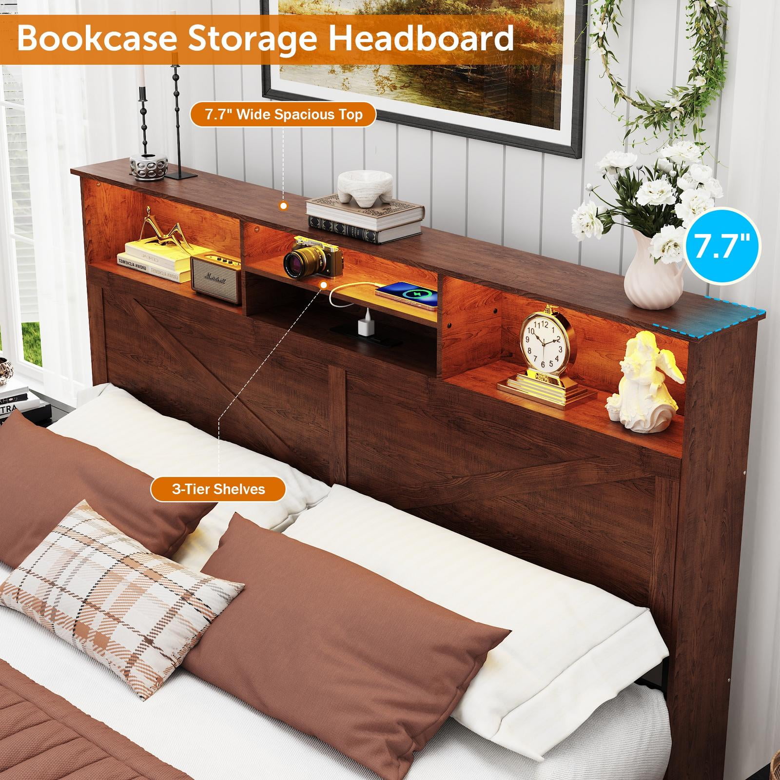 Full Size Bed Frame, Holaki Farmhouse Full Bed Frame with Storage Headboard, Charging Station & LED Lights, 2 Storage Drawers, No Box Spring Needed, Noise Free, Easy Assembly, Dark Brown