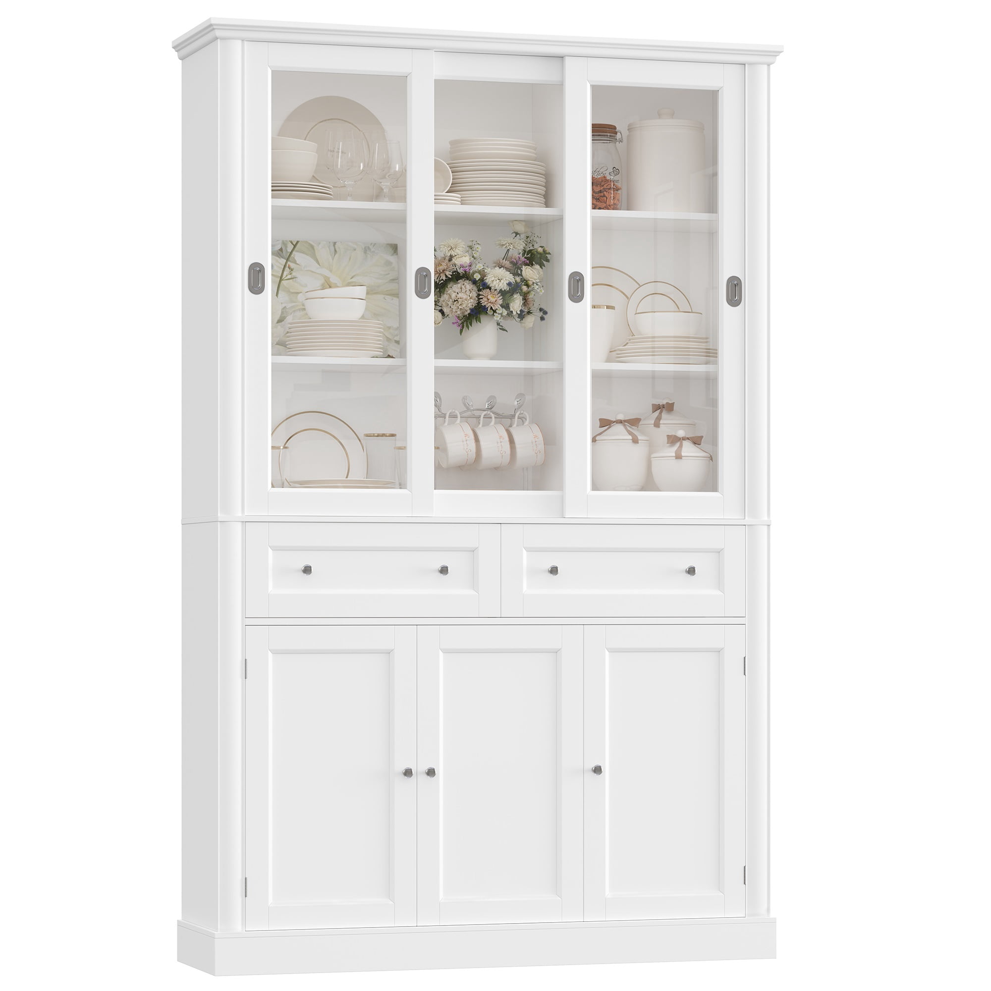 Homfa White Bookcase with Sliding Glass Doors, 73.5" Standard Bookcase with 2 Drawers, 5-tier Freestanding Storage Cabinet for Home Office Living Room