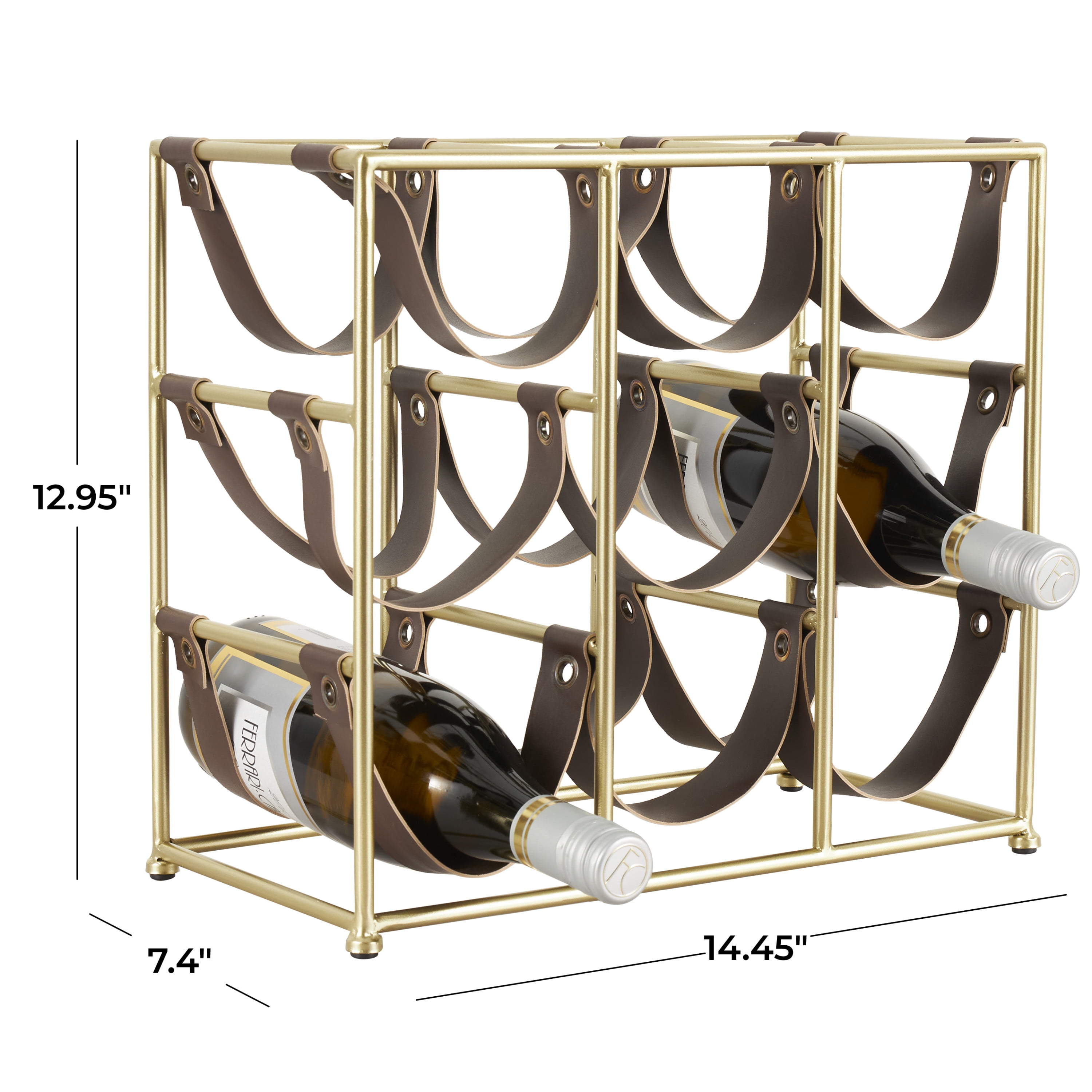 DecMode 14" x 13" Gold Metal Wine Rack with Faux Leather Holding Straps, 1-Piece
