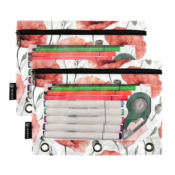 Ckdifva Flowers Pencil Pouch 3 Ring Zipper Pencil Case Binder Pockets Clear Top Cosmetic Bag 2 Pack