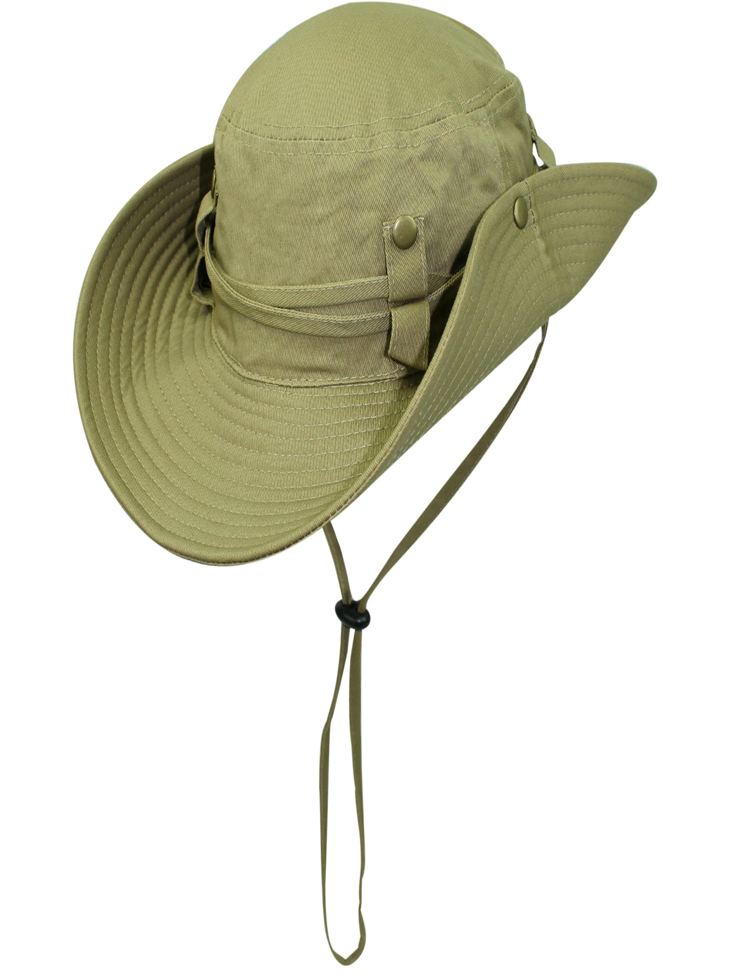 Khaki Safari Style Cotton Hat With Chin Cord & Side Snaps