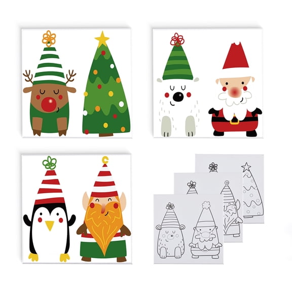 Christmas Painting Canvas Kit – 3 Pre-Drawn 14"x14" Canvases with Acrylic Paints, Brushes & Palette