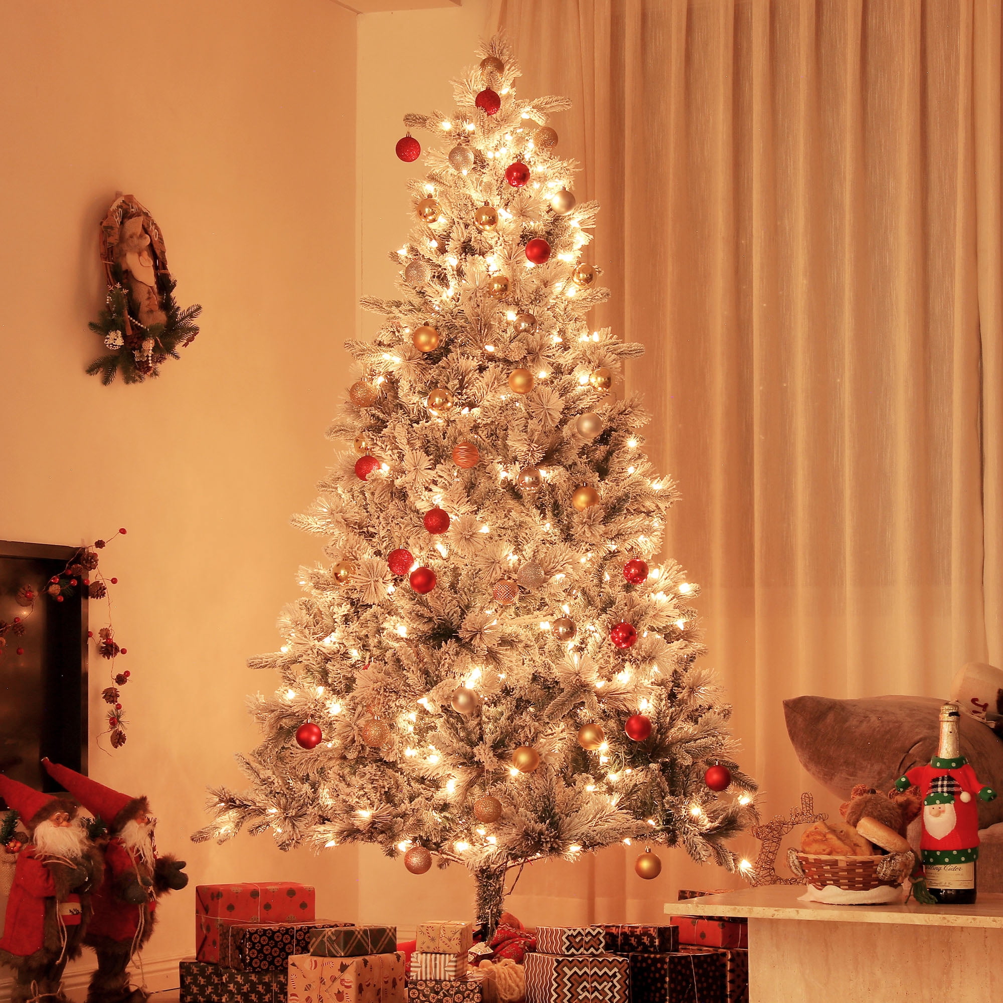 7.5ft Prelit Snow Flocked Christmas Tree with 500 Clear Lights 1530 Tips Auto-Open Branches Indoor Decor