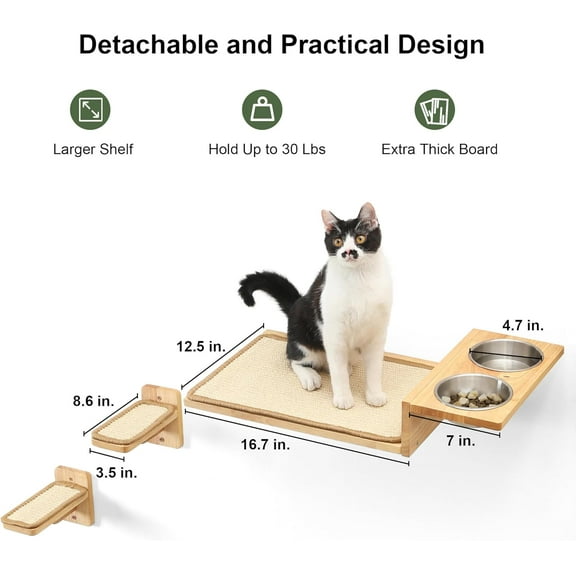 Cat Wall Shelves Set, 3-in-1 Wall-Mounted Cat Furniture with Perch, Food Station & Steps, Indoor Kitten Play, Nap & DIY Wall Jungle Gym
