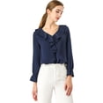 thumbnail image 1 of Blusa de gasa Allegra K con volantes cuello En V Azul oscuro XL, 1 of 6