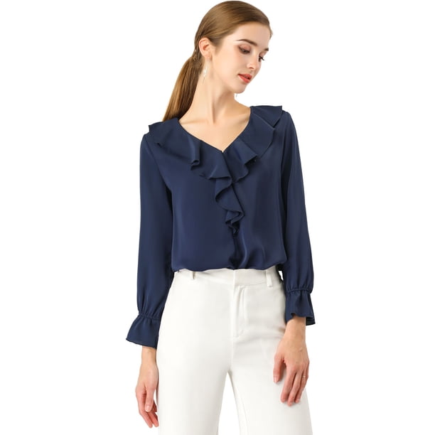 Blusa de gasa con cuello En V y volantes Allegra K para mujer manga de pulsera vintage Azul oscuro XS