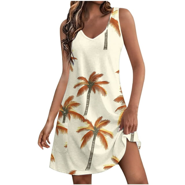 Vestido de Playa de Mujer para las Imágenes de la Moda de Verano de Bolsillo de Impresión sin Mangas Vestido de Cuello en V, Poliéster
