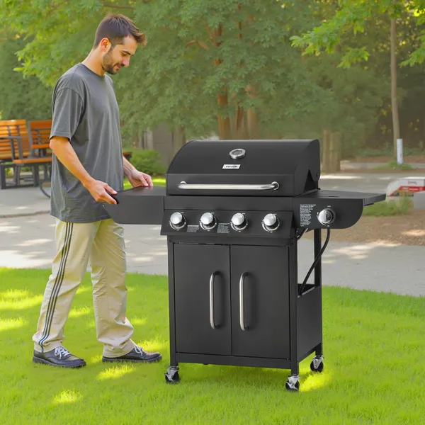 4 Burner Propane Gas Grill with Side Burner 425 SQ In Grilling Area 52000 BTU Outdoor BBQ Grill Carbon Steel Enamel Grates Two Side Shelves Patio Garden