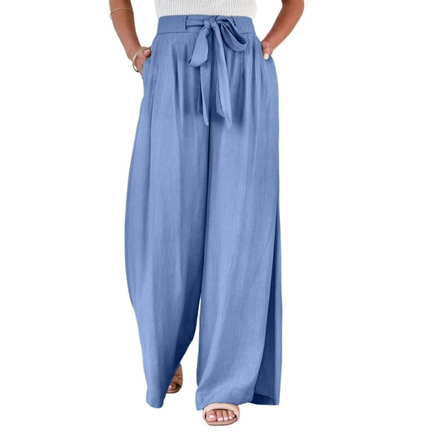 Pantalones Anchos Pantalones largos informales de pierna ancha con cordones para mujer, pantalones largos de verano a la moda (azul XL) Ygjytge para Mujer Azul T M