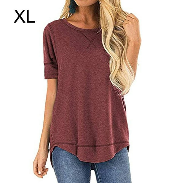 Women T-shirt Solid Color Stitching Top Asymmetrical Hem Blouse, Solid Color Stitching Top Purple Red, XL