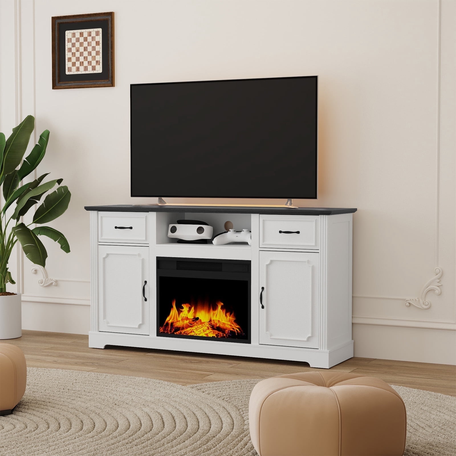 CBJCBJ Medieval TV Stand for TVs up to 65'', Entertainment Center with 22.8'' Electric Fireplace, White