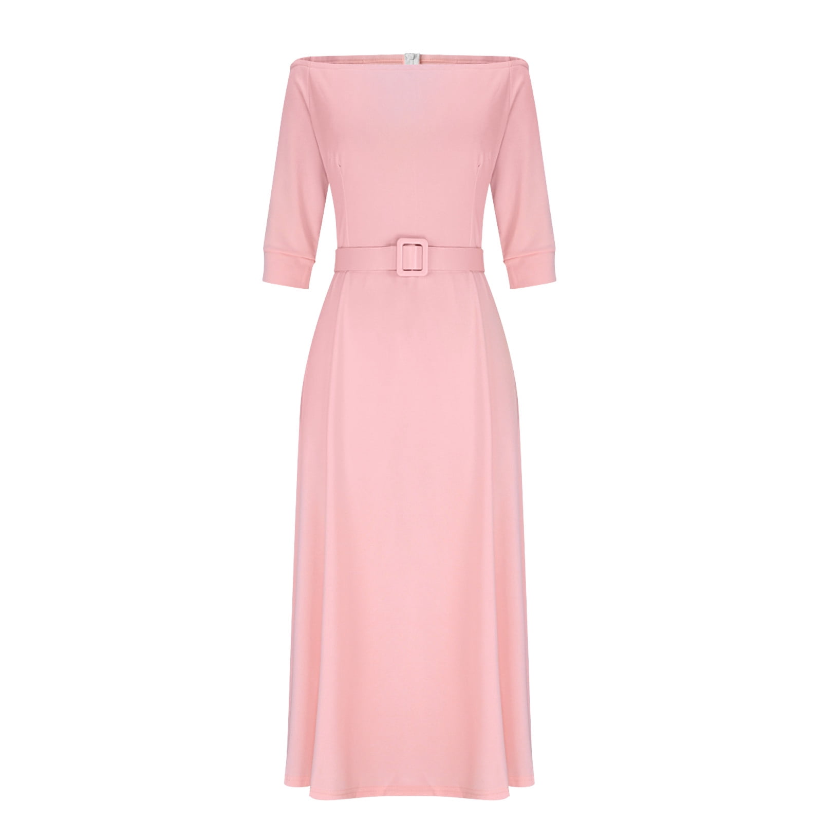 Womens One Shoulder 3/4 Sleeve High Waist A Line Maxi Dress with Belt Elegant Solid Color Office Work Party Style