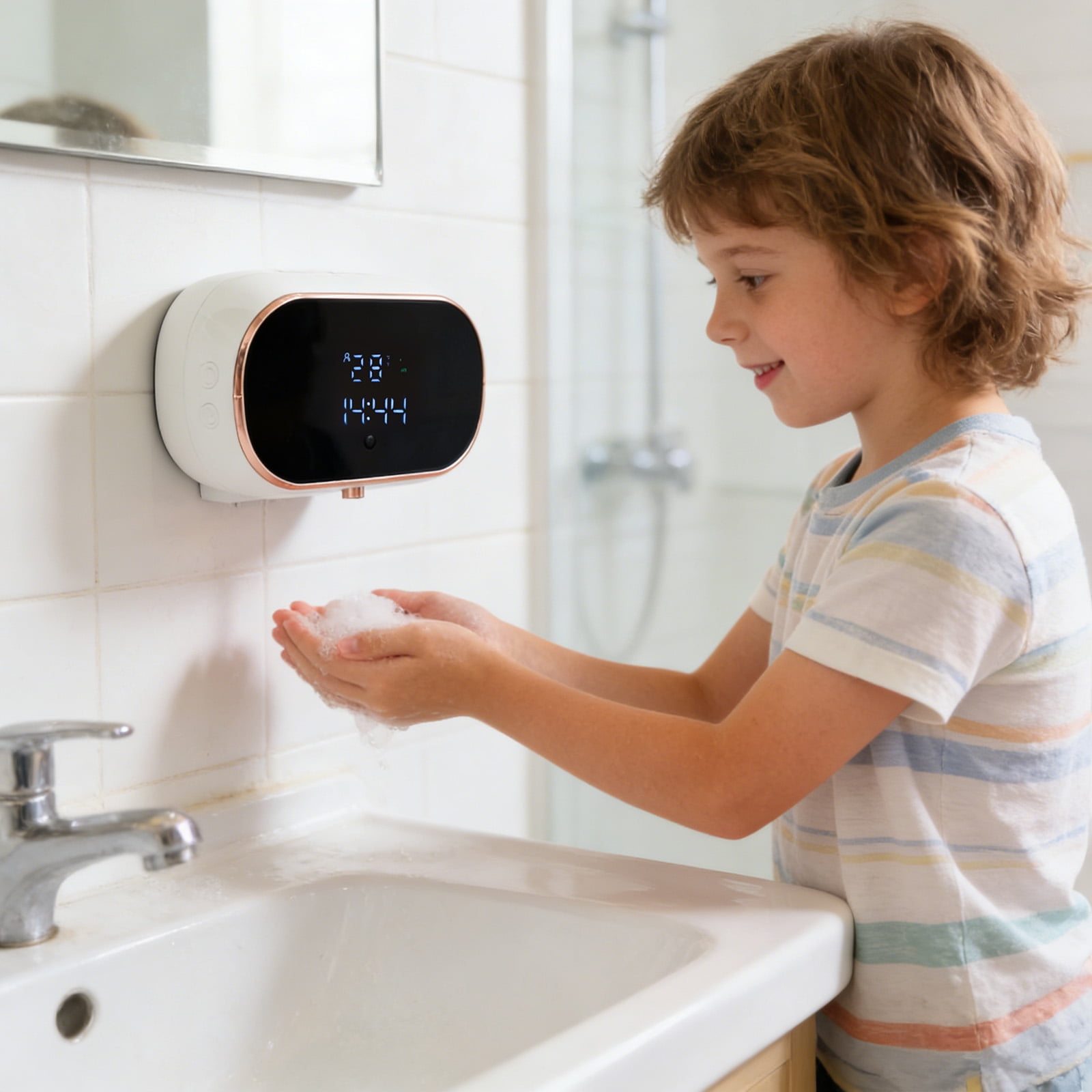 Automatic Foaming Soap Dispenser with Touchless Sensor and Digital Display Wall Mounted Rechargeable Hand Washer for Bathroom and Kitchen White