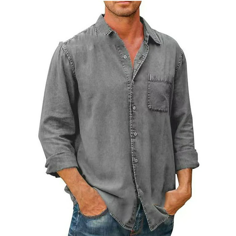 Frontwalk Men Jean Shirts Button Down Tunic Tops Long Sleeve Denim