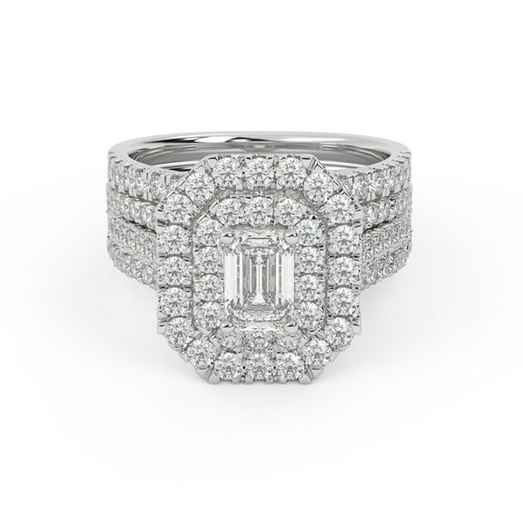 AFFY 3 Row Double Halo Bridal Set Ring for Women, IGI Certified 2.10 Carat (ctw) Emerald Cut Lab Grown Diamond Engagement Wedding Ring In 14K Solid White Gold F-G, VS-SI Quality Ring Size-4