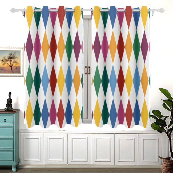 Colorful Rhombus Pattern on White Background Window Curtains Drapes with Grommets Light Filtering 2 Panels 54" x 55"