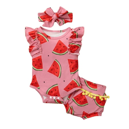 

QIPOPIQ Toddler Girls Outfit Sets Clearance Infant Baby Girls Ruffle Watermelon Print Romper Bodysuit Tassels Shorts Outfits