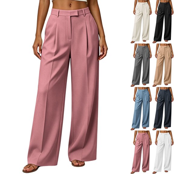 Womens High Waisted Pleated Wide Leg Work Pants Dressy Teachers Trousers Wrinkle Free Suit Slacks Flowy Business Office Fall Bottoms with Pockets, Pink, L